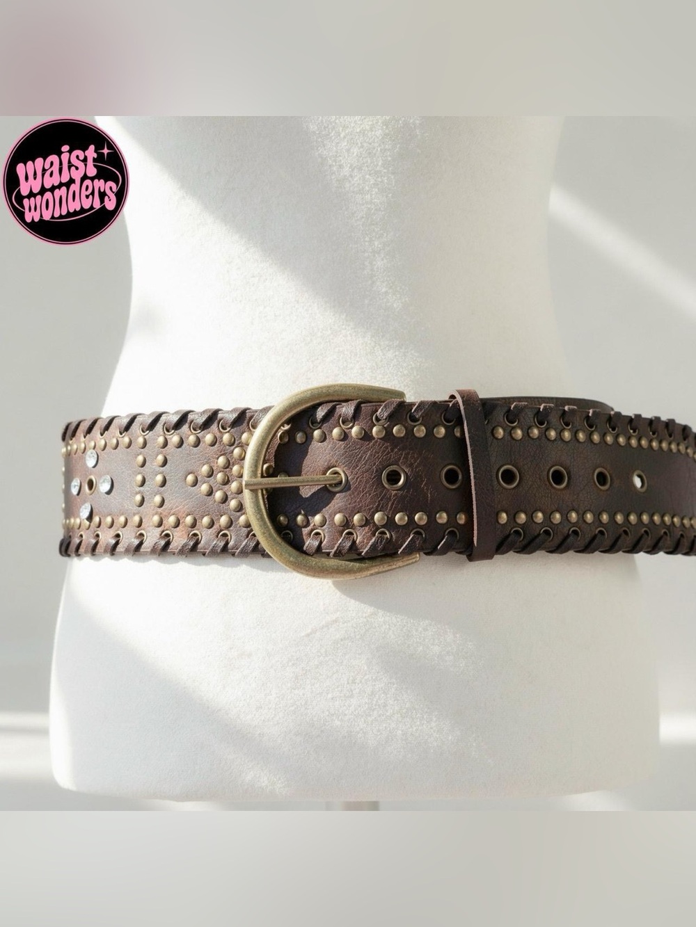 Brown leather belt with studs and rhinestones